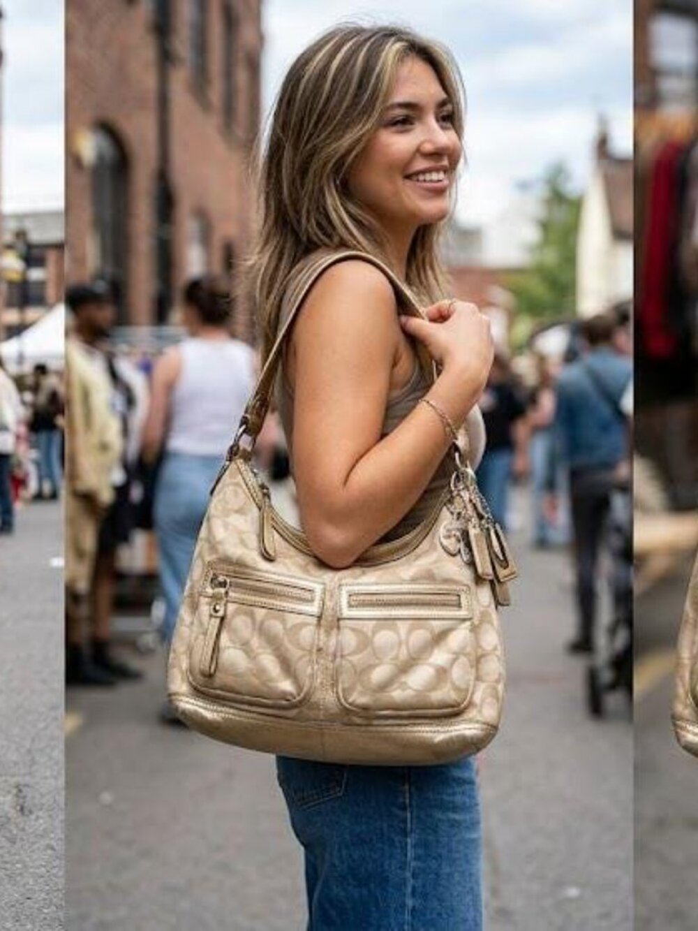 Y2K Coach Poppy Signature Sateen Pocket Hobo in Metallic Gold with Charms - Picture 13 of 13